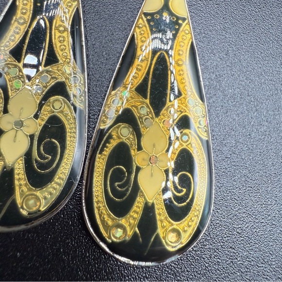 Vintage Gold Cloisonne Floral Art Deco Resin Teardrop Dangle Earrings - Picture 3 of 8